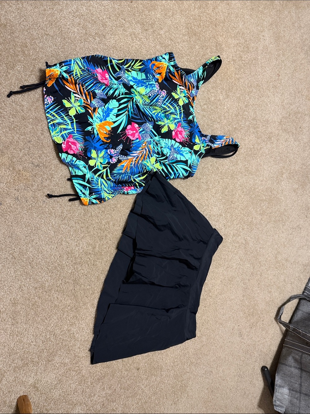 Womens Black Tropical Tankini Top and Black Swim Skirt -